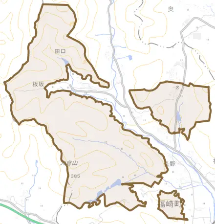 高岡とその周辺の地図。町の範囲を重ねている