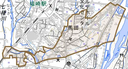 馬田とその周辺の地図。町の範囲を重ねている