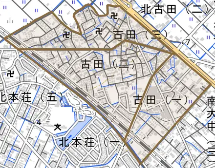 古田とその周辺の地図。町の範囲を重ねている