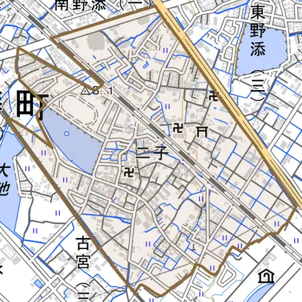 二子とその周辺の地図。町の範囲を重ねている