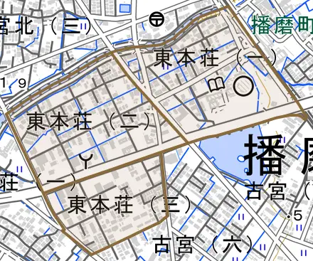 東本荘とその周辺の地図。町の範囲を重ねている