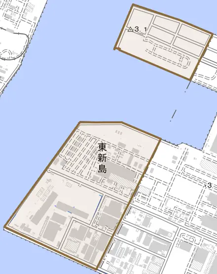 東新島とその周辺の地図。町の範囲を重ねている