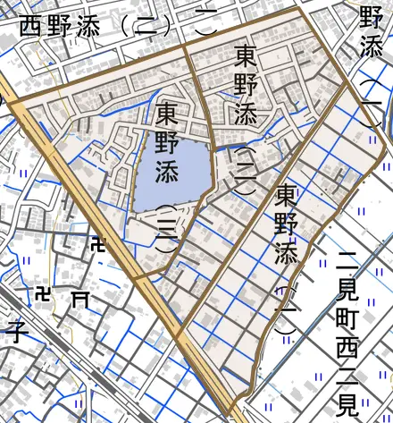東野添とその周辺の地図。町の範囲を重ねている