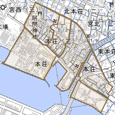 本荘とその周辺の地図。町の範囲を重ねている