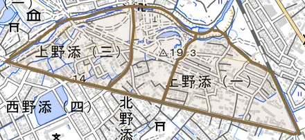上野添とその周辺の地図。町の範囲を重ねている