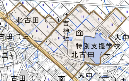 北古田とその周辺の地図。町の範囲を重ねている