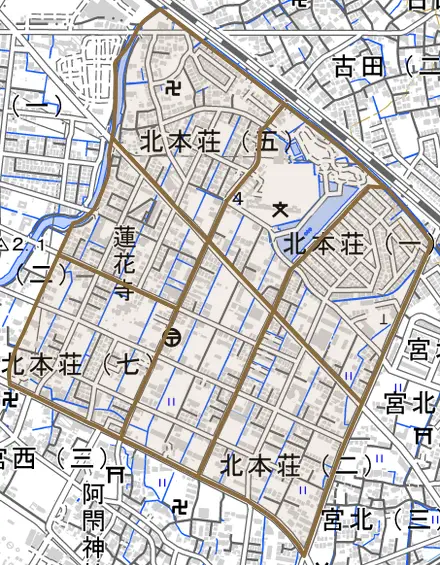 北本荘とその周辺の地図。町の範囲を重ねている