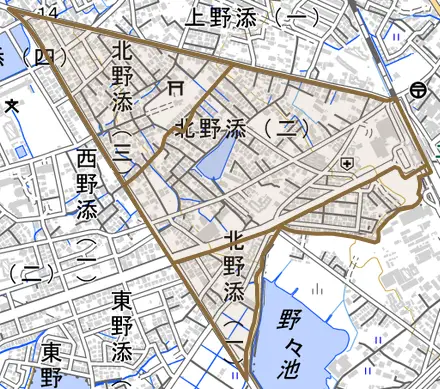 北野添とその周辺の地図。町の範囲を重ねている