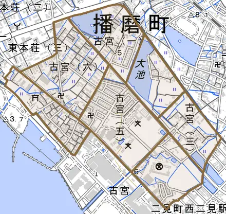 古宮とその周辺の地図。町の範囲を重ねている