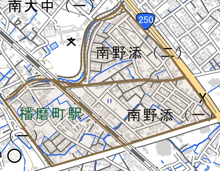 南野添とその周辺の地図。町の範囲を重ねている