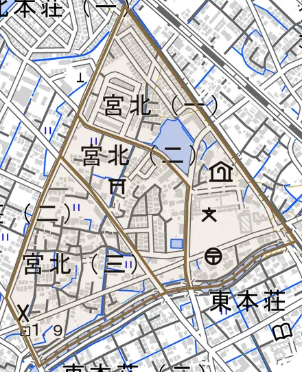 宮北とその周辺の地図。町の範囲を重ねている