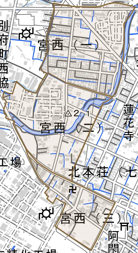 宮西とその周辺の地図。町の範囲を重ねている