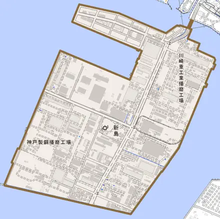 新島とその周辺の地図。町の範囲を重ねている