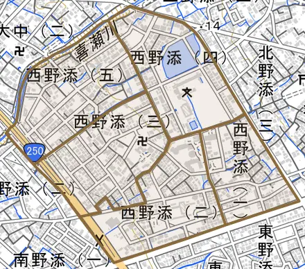 西野添とその周辺の地図。町の範囲を重ねている