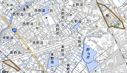野添とその周辺の地図。町の範囲を重ねている
