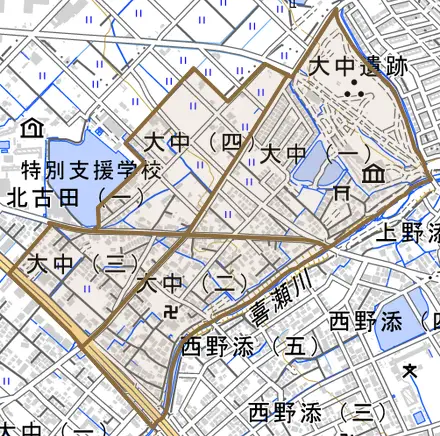 大中とその周辺の地図。町の範囲を重ねている