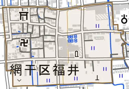網干区福井とその周辺の地図。町の範囲を重ねている