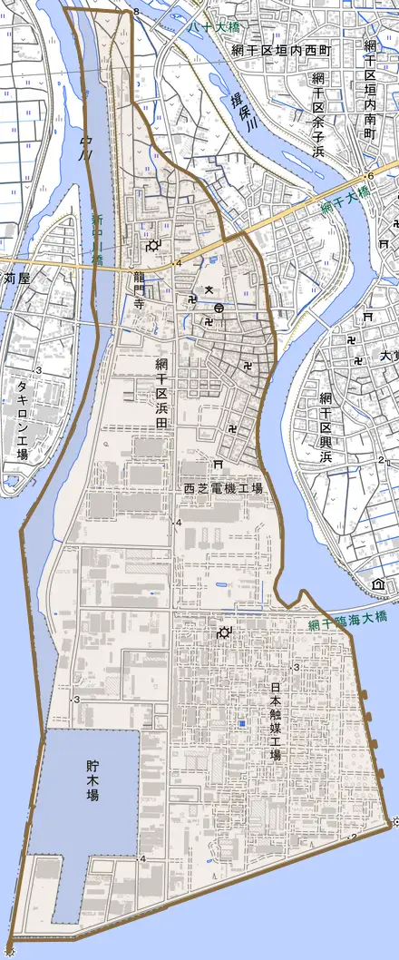 網干区浜田とその周辺の地図。町の範囲を重ねている