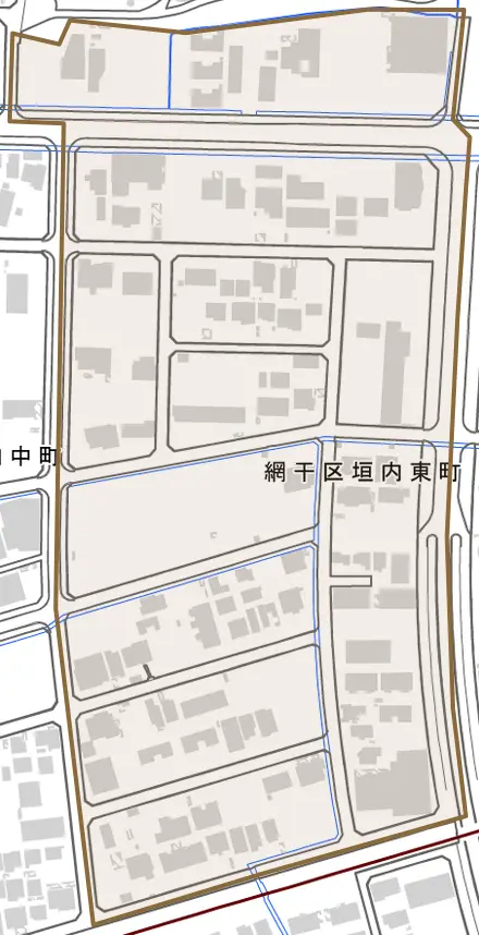 網干区垣内東町とその周辺の地図。町の範囲を重ねている