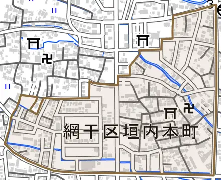 網干区垣内本町とその周辺の地図。町の範囲を重ねている