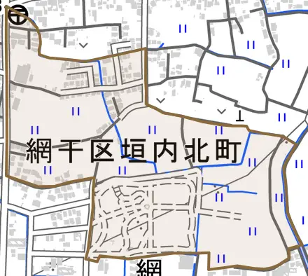 網干区垣内北町とその周辺の地図。町の範囲を重ねている