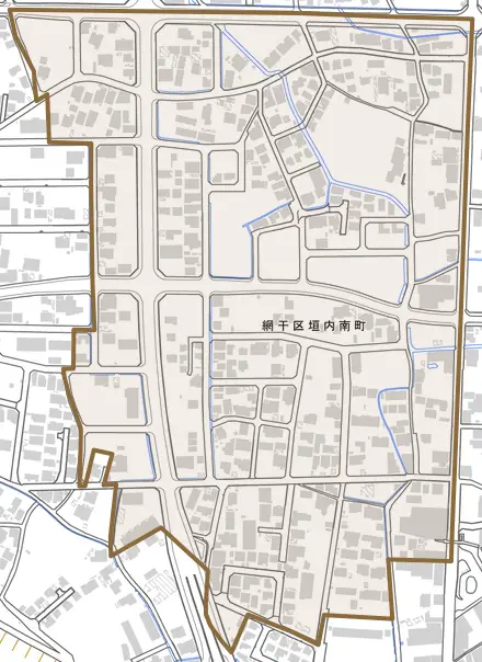 網干区垣内南町とその周辺の地図。町の範囲を重ねている