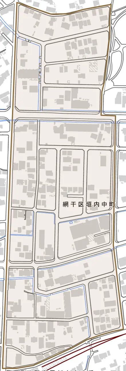 網干区垣内中町とその周辺の地図。町の範囲を重ねている