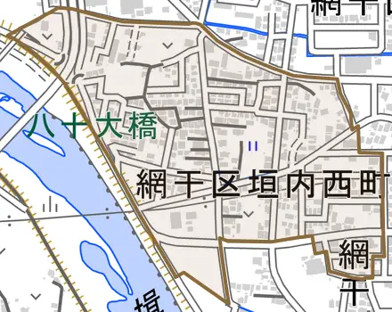 網干区垣内西町とその周辺の地図。町の範囲を重ねている