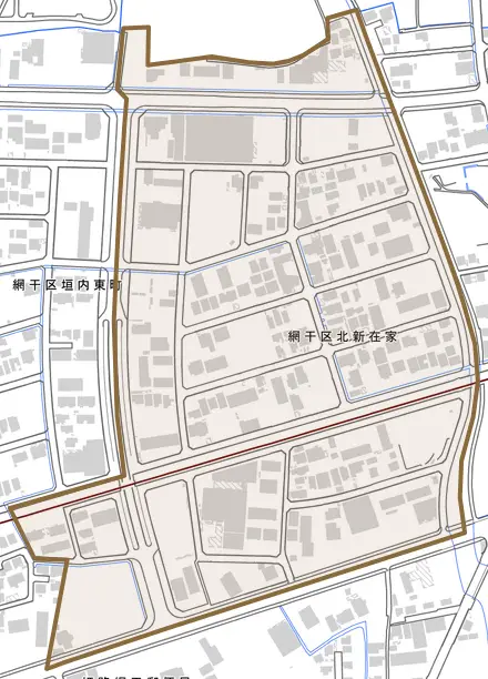 網干区北新在家とその周辺の地図。町の範囲を重ねている