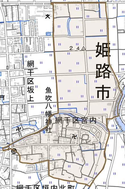 網干区宮内とその周辺の地図。町の範囲を重ねている