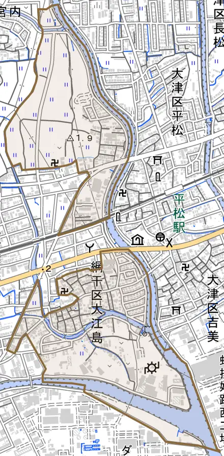 網干区大江島とその周辺の地図。町の範囲を重ねている