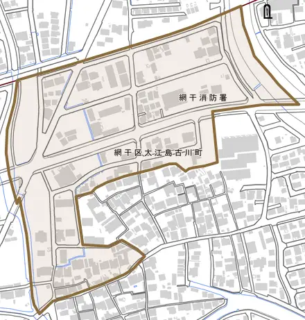 網干区大江島古川町とその周辺の地図。町の範囲を重ねている