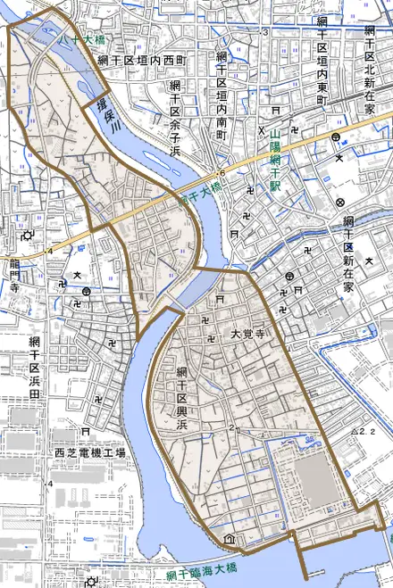 網干区興浜とその周辺の地図。町の範囲を重ねている
