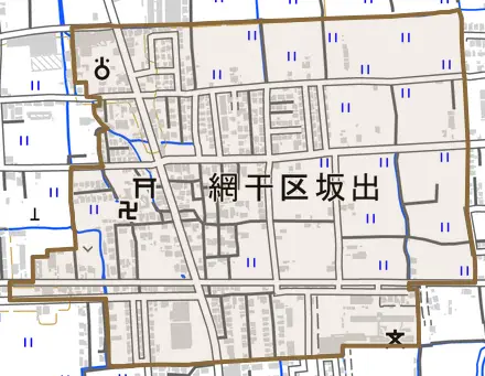 網干区坂出とその周辺の地図。町の範囲を重ねている