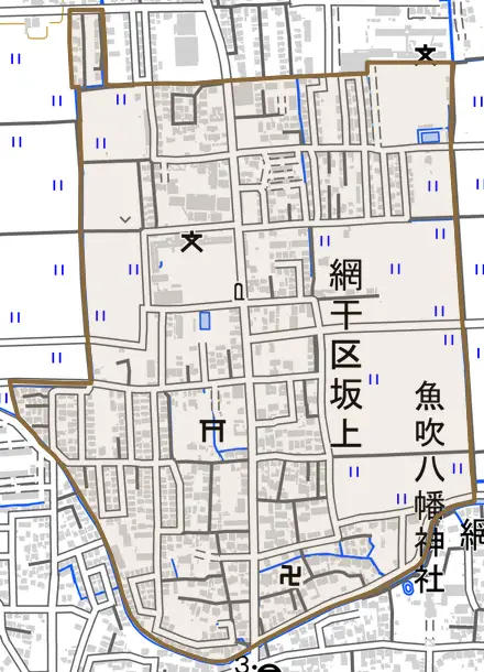 網干区坂上とその周辺の地図。町の範囲を重ねている