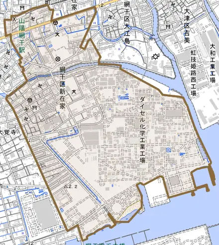 網干区新在家とその周辺の地図。町の範囲を重ねている