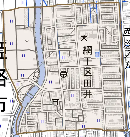 網干区田井とその周辺の地図。町の範囲を重ねている