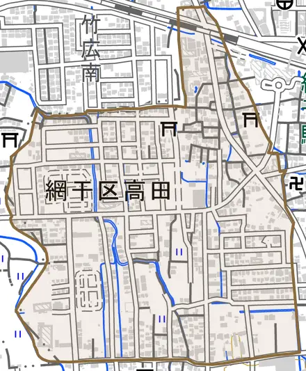 網干区高田とその周辺の地図。町の範囲を重ねている