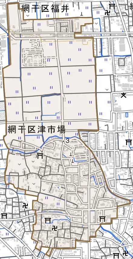 網干区津市場とその周辺の地図。町の範囲を重ねている