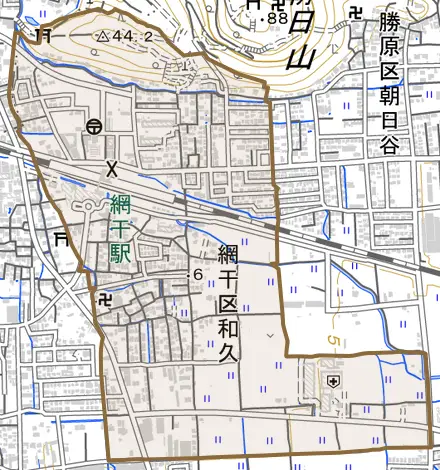 網干区和久とその周辺の地図。町の範囲を重ねている