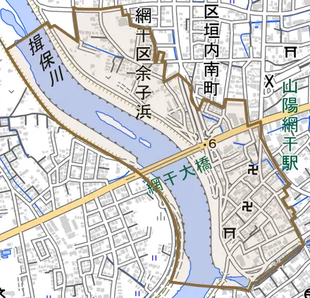 網干区余子浜とその周辺の地図。町の範囲を重ねている