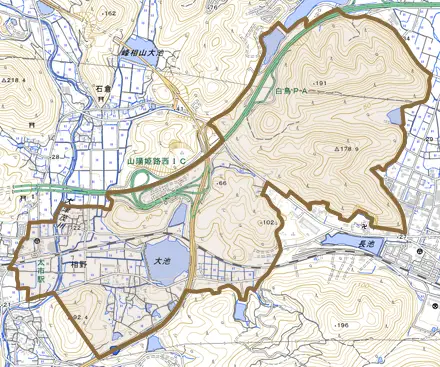 相野とその周辺の地図。町の範囲を重ねている
