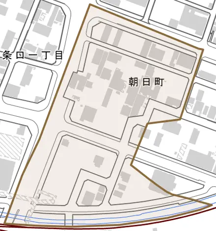 朝日町とその周辺の地図。町の範囲を重ねている
