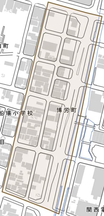 博労町とその周辺の地図。町の範囲を重ねている