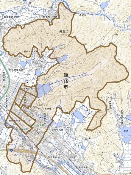 別所町別所とその周辺の地図。町の範囲を重ねている