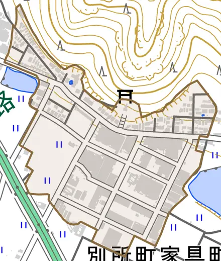 別所町家具町とその周辺の地図。町の範囲を重ねている