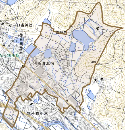 別所町北宿とその周辺の地図。町の範囲を重ねている
