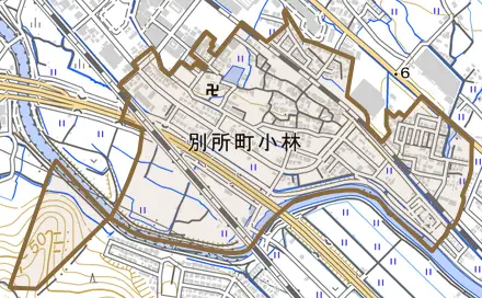 別所町小林とその周辺の地図。町の範囲を重ねている