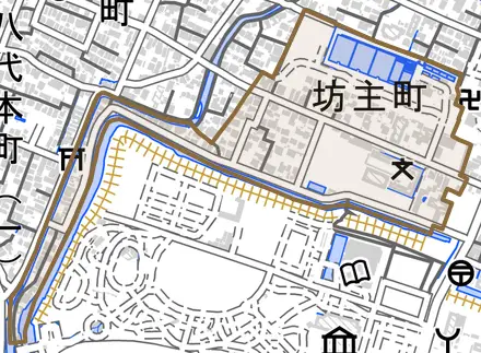 坊主町とその周辺の地図。町の範囲を重ねている