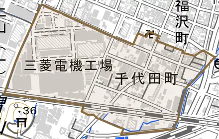千代田町とその周辺の地図。町の範囲を重ねている
